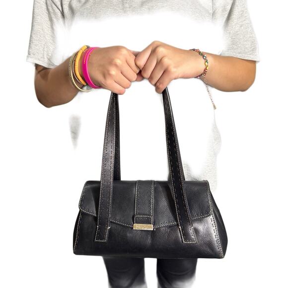 Y2k vintage pebble black leather FOSSIL Satchel PURSE handbag/tote #ZB9061 - Picture 7 of 9